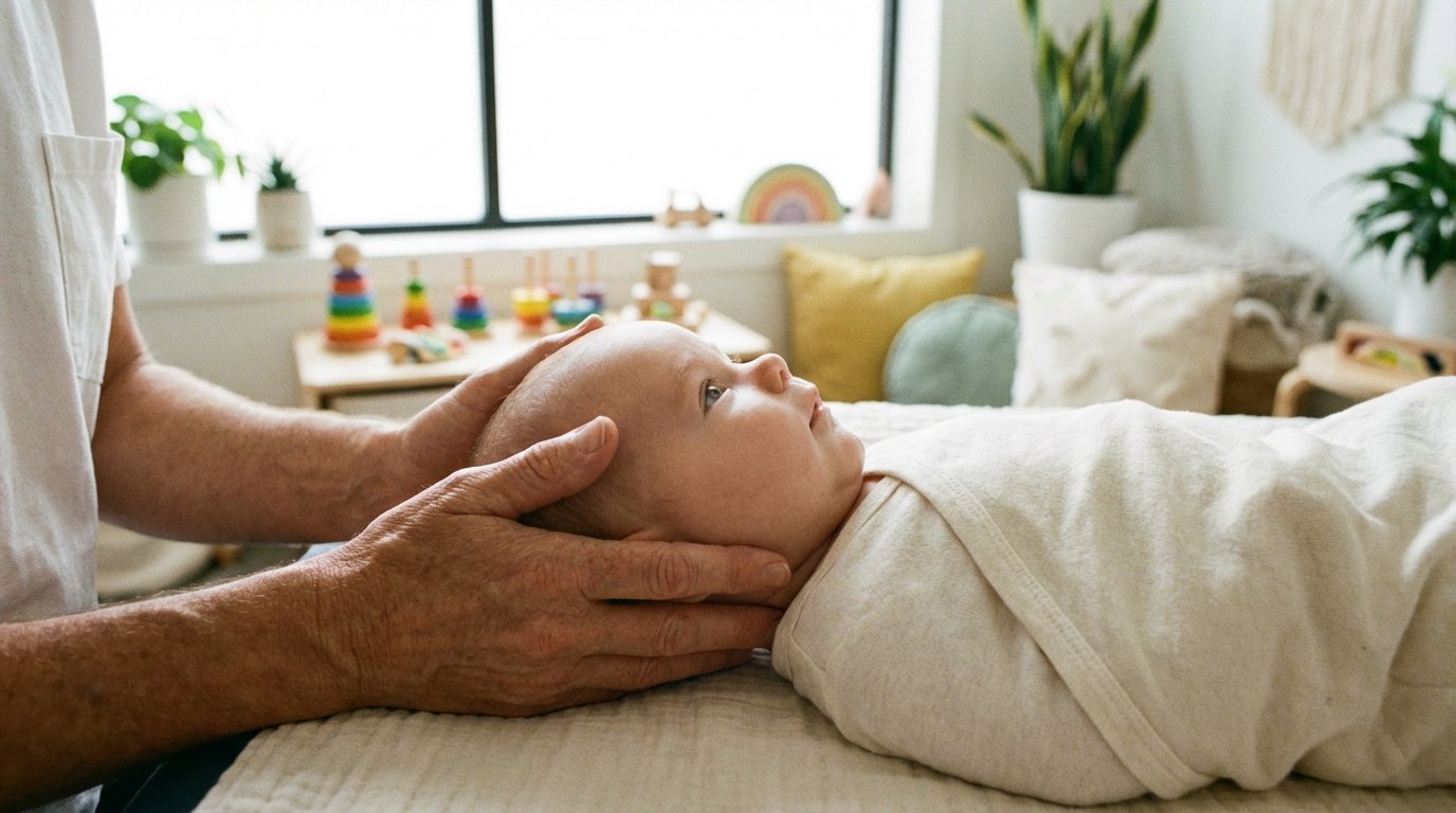 bébé avec plagiocéphalie examiné en ostéopathie"
